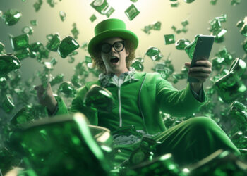 | GoCryptoBet.com A person in a vibrant green suit, top hat, and round glasses holds a smartphone while surrounded by flying dollar bills. The scene, reminiscent of popular crypto betting guides, is illuminated with a greenish glow, emphasizing the excitement and abundance.