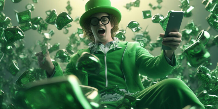 | GoCryptoBet.com A person in a vibrant green suit, top hat, and round glasses holds a smartphone while surrounded by flying dollar bills. The scene, reminiscent of popular crypto betting guides, is illuminated with a greenish glow, emphasizing the excitement and abundance.