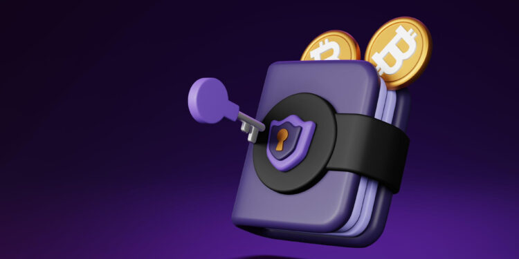 | GoCryptoBet.com wallet 3D illustration of a digital wallet with a keyhole and purple key, adorned with two gold Bitcoin symbols emerging from the top, set against a dark purple background.