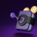 | GoCryptoBet.com wallet 3D illustration of a digital wallet with a keyhole and purple key, adorned with two gold Bitcoin symbols emerging from the top, set against a dark purple background.