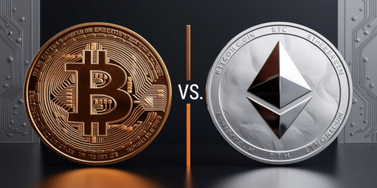 | GoCryptoBet.com A digital image shows a large gold Bitcoin coin on the left and a large silver Ethereum coin on the right, separated by a vertical line with “vs.” in the center, symbolizing a comparison between the two cryptocurrencies.