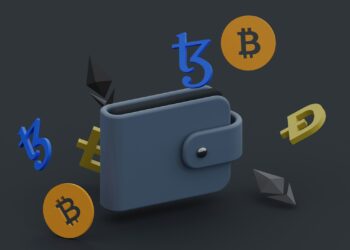 A digital wallet surrounded by floating cryptocurrency symbols including Bitcoin, Ethereum, Tezos, and Dogecoin on a dark background. | GoCryptoBet.com