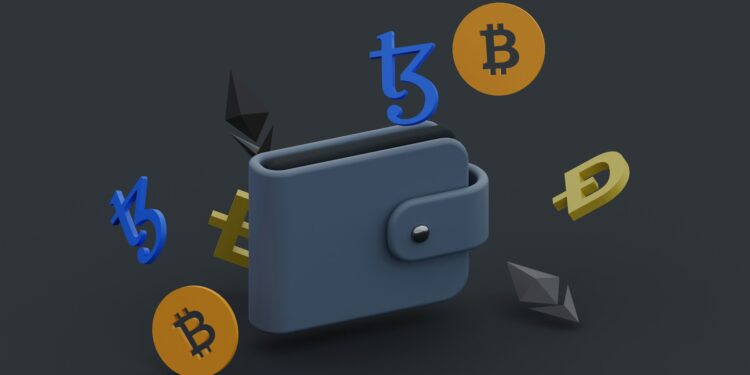 A digital wallet surrounded by floating cryptocurrency symbols including Bitcoin, Ethereum, Tezos, and Dogecoin on a dark background. | GoCryptoBet.com