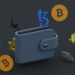 A digital wallet surrounded by floating cryptocurrency symbols including Bitcoin, Ethereum, Tezos, and Dogecoin on a dark background. | GoCryptoBet.com